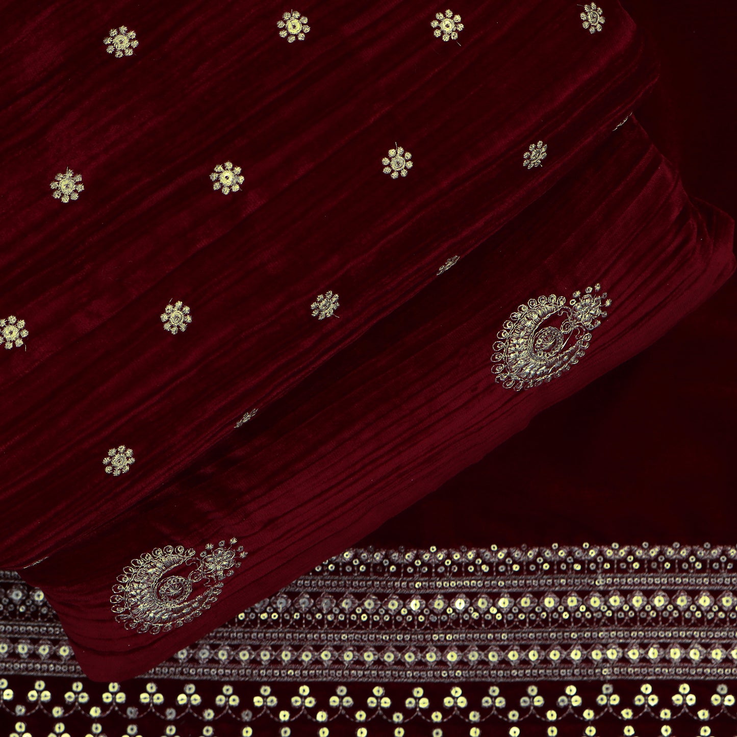 Red Color Velvet Embroidery Fabric