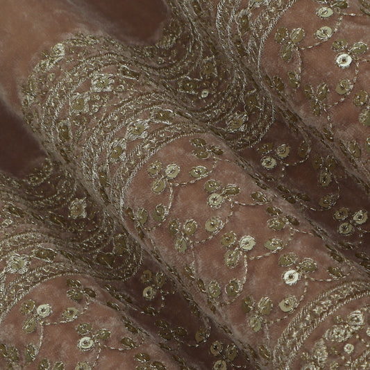 Beige Brown Color Velvet Embroidery Fabric