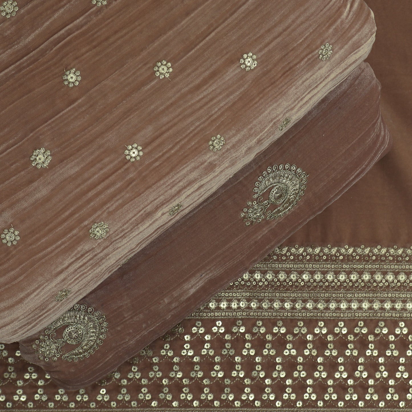 Beige Brown Color Velvet Embroidery Fabric