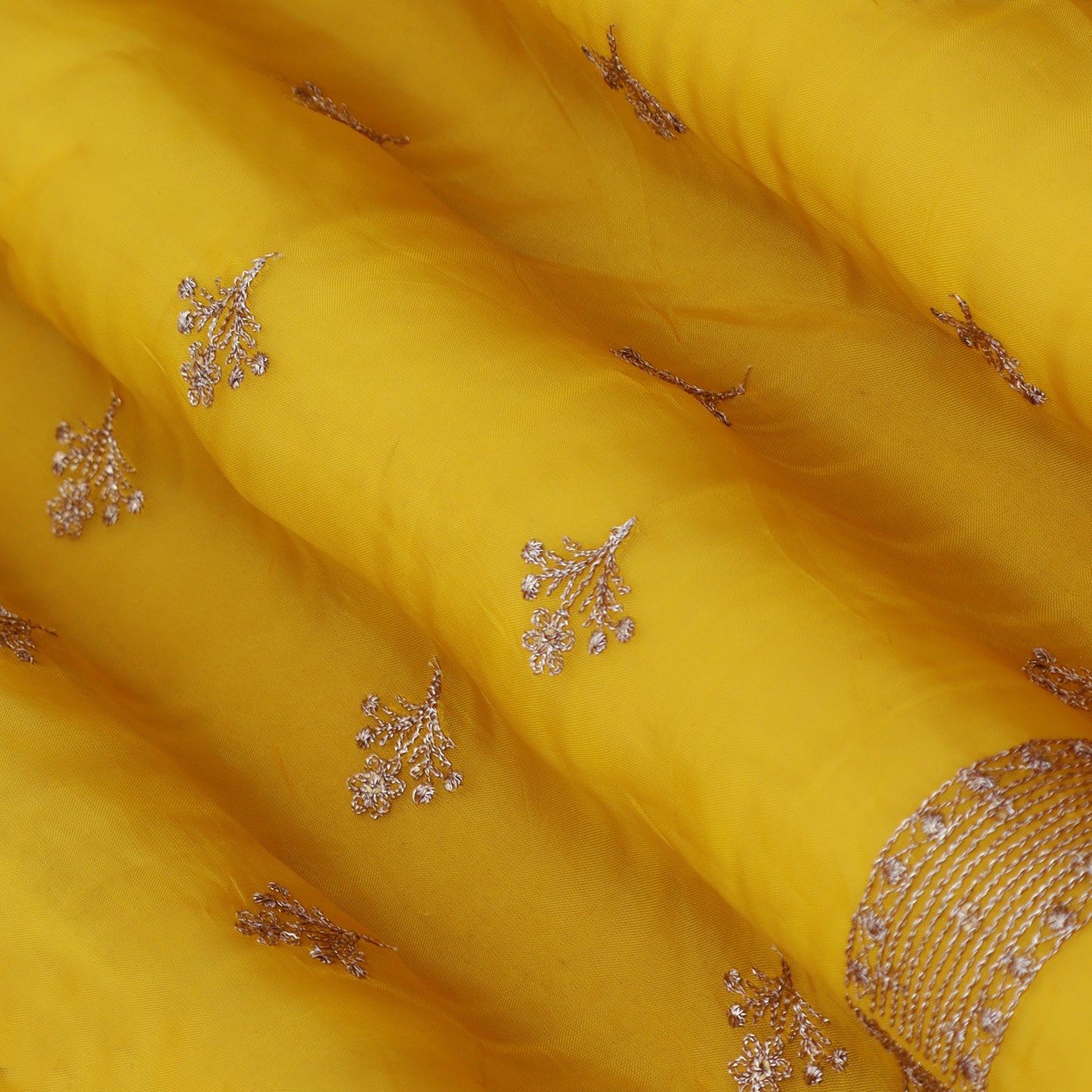 Yellow Color Organza Booti Fabric