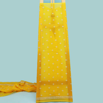 Yellow Color Organza Booti Fabric