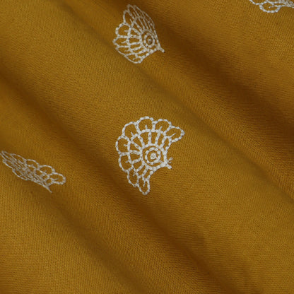 Mustard Color Kora Cotton Embroidery Fabric