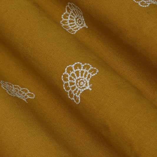 Mustard Color Kora Cotton Embroidery Fabric