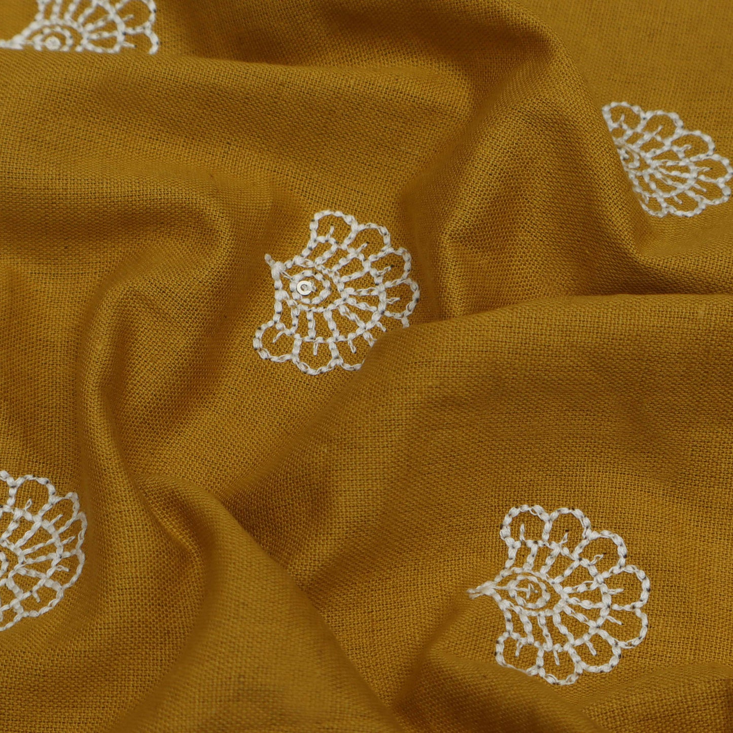 Mustard Color Kora Cotton Embroidery Fabric