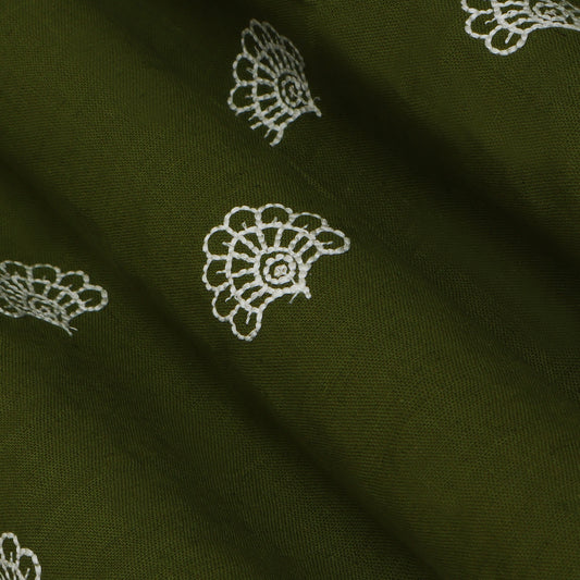 Mehndi Green Color Kora Cotton Embroidery Fabric