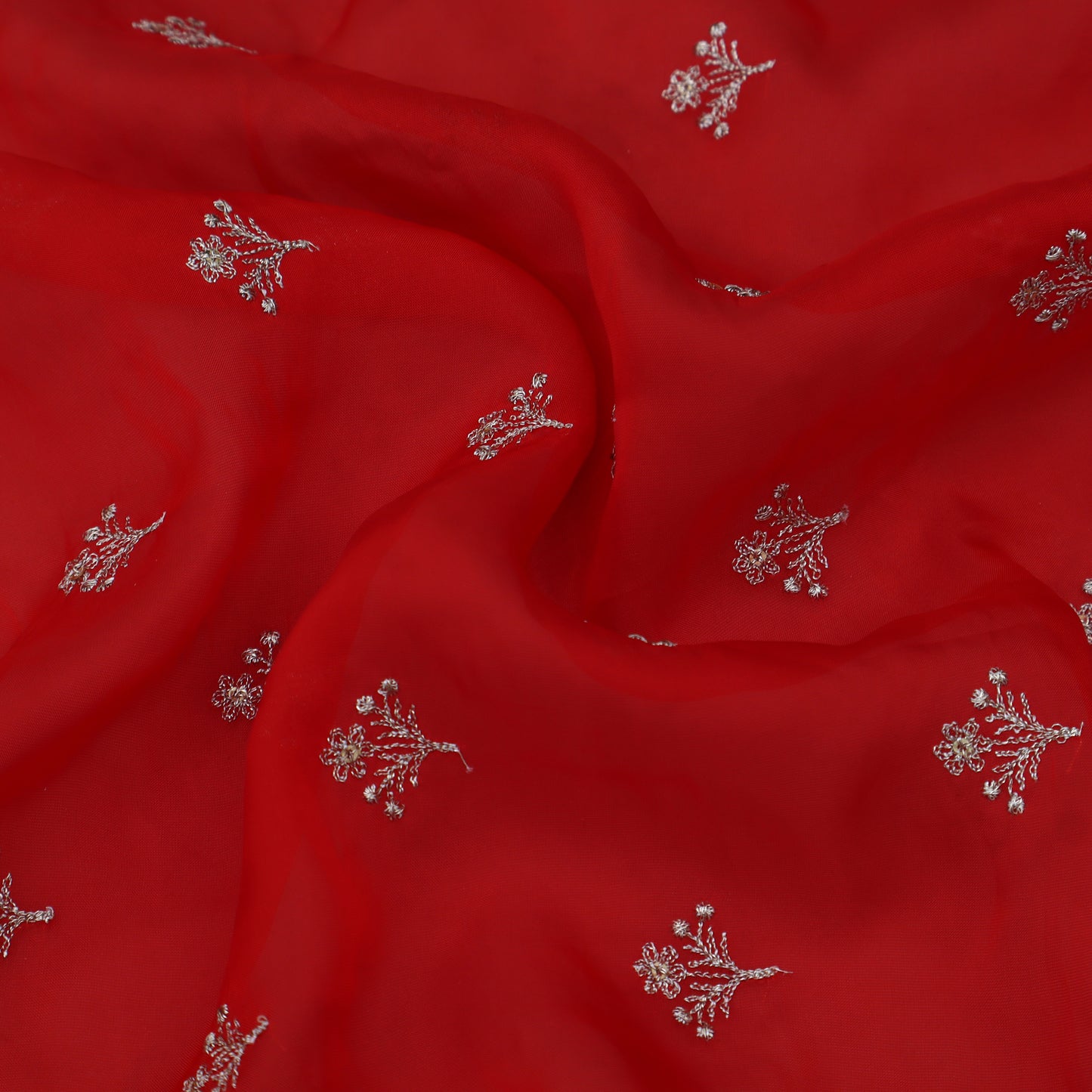 Red Color Organza Booti Fabric