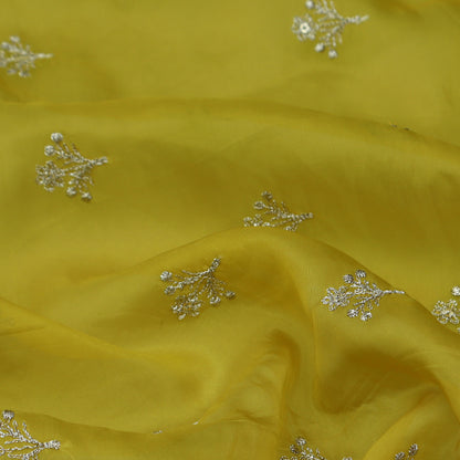 Yellow Color Organza Booti Fabric