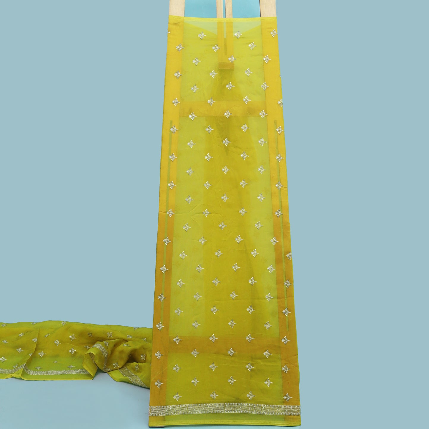 Yellow Color Organza Booti Fabric