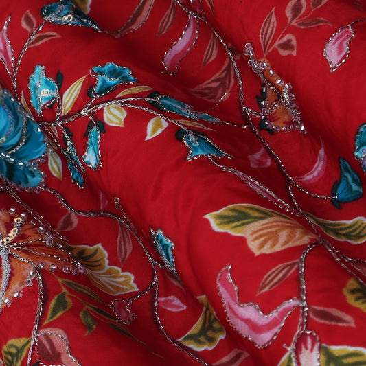 Red Color Crepe Position Print Embroidery Fabric