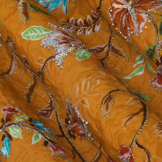 Mustard Color Crepe Position Print Embroidery Fabric