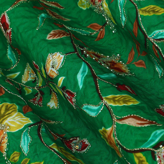 Bottle Green Color Crepe Position Print Embroidery Fabric