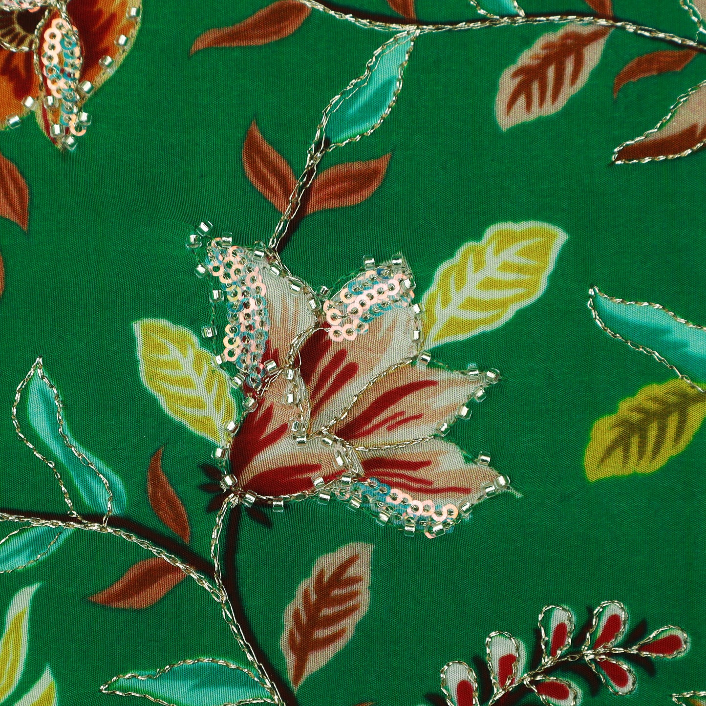 Bottle Green Color Crepe Position Print Embroidery Fabric