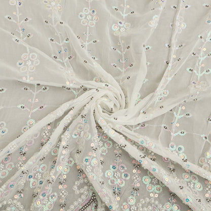 White Color Georgette Sequins Embroidery Fabric
