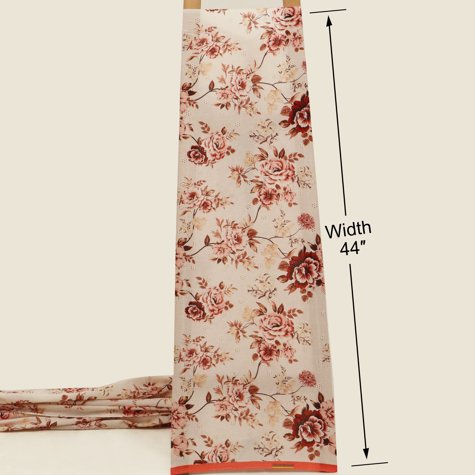 Floral fabric with measurement details on a beige background