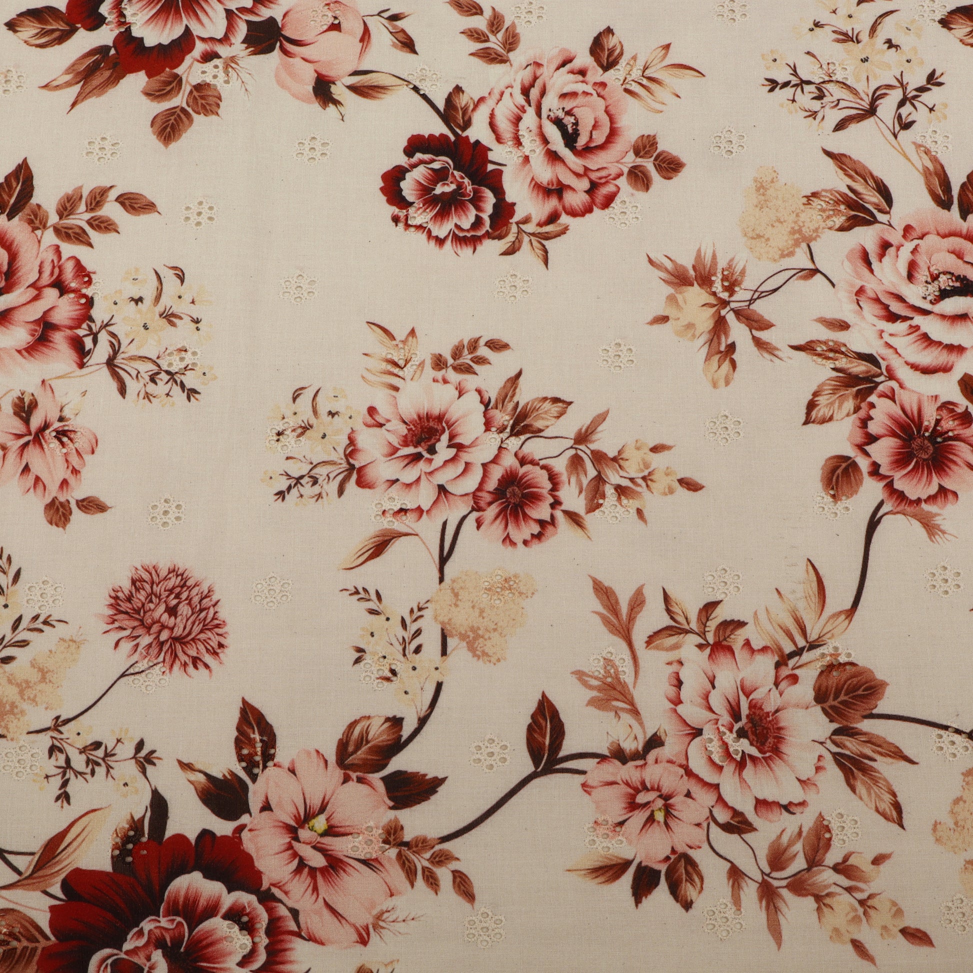 Floral pattern with pink and red flowers on a beige background
