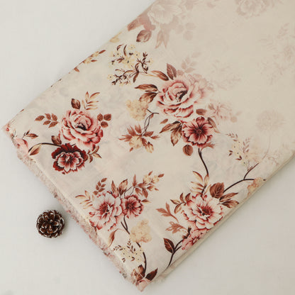 Floral-patterned fabric with pink and red flowers on a white background