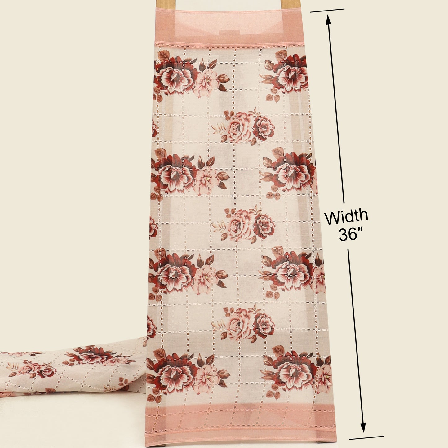 Floral patterned fabric with a measurement label indicating width 36" on a beige background.