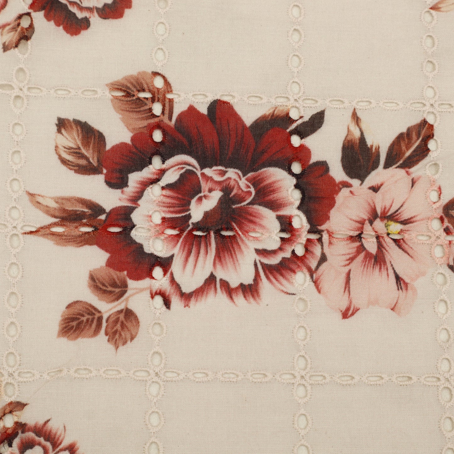 Floral pattern with red and pink flowers on a beige background