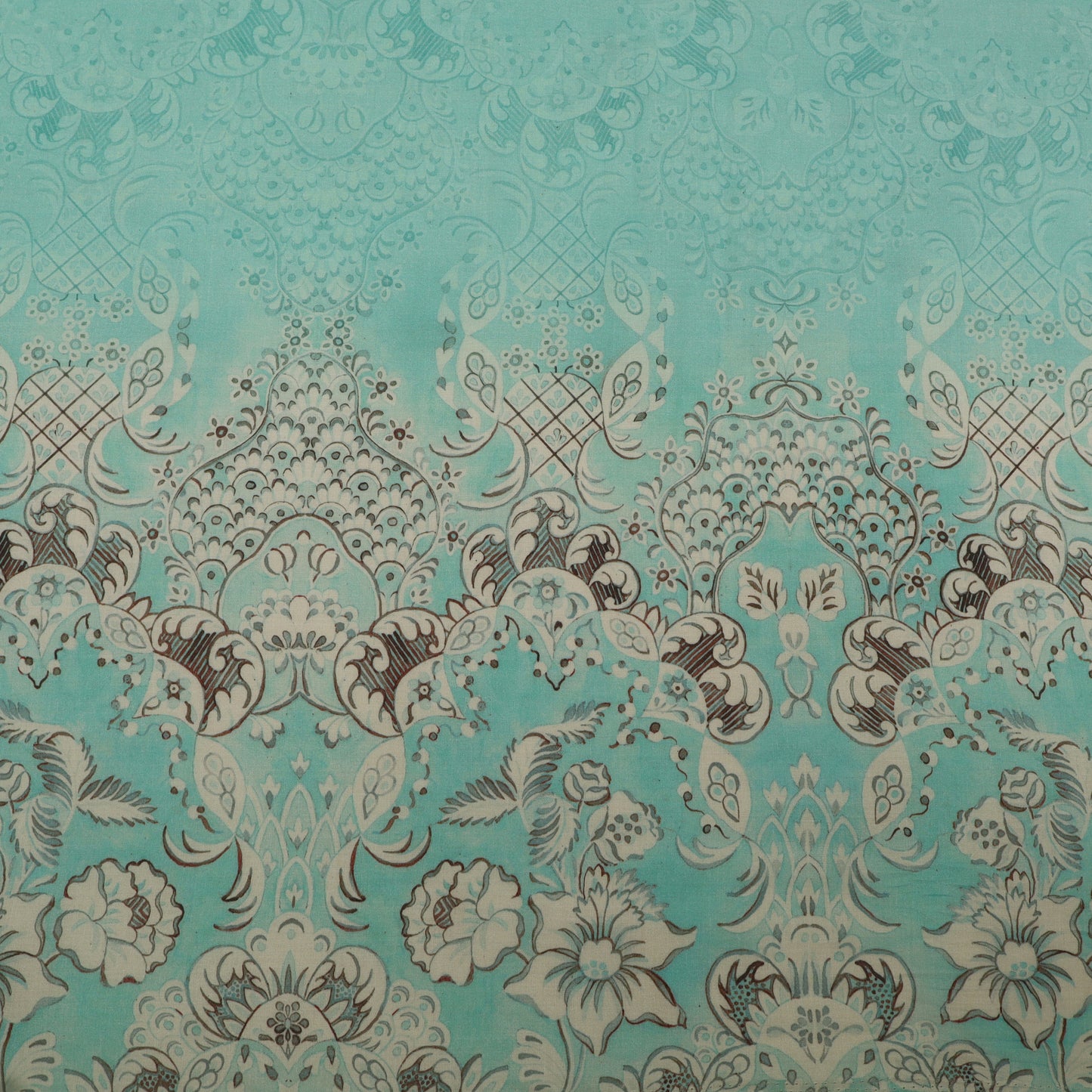 Decorative patterned fabric with floral and geometric designs on a teal background