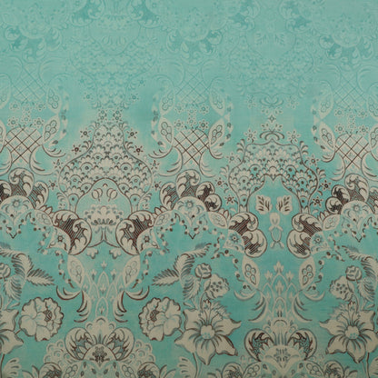 Decorative patterned fabric with floral and geometric designs on a teal background