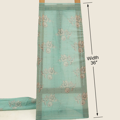 Teal fabric with floral patterns and measurements on a white background