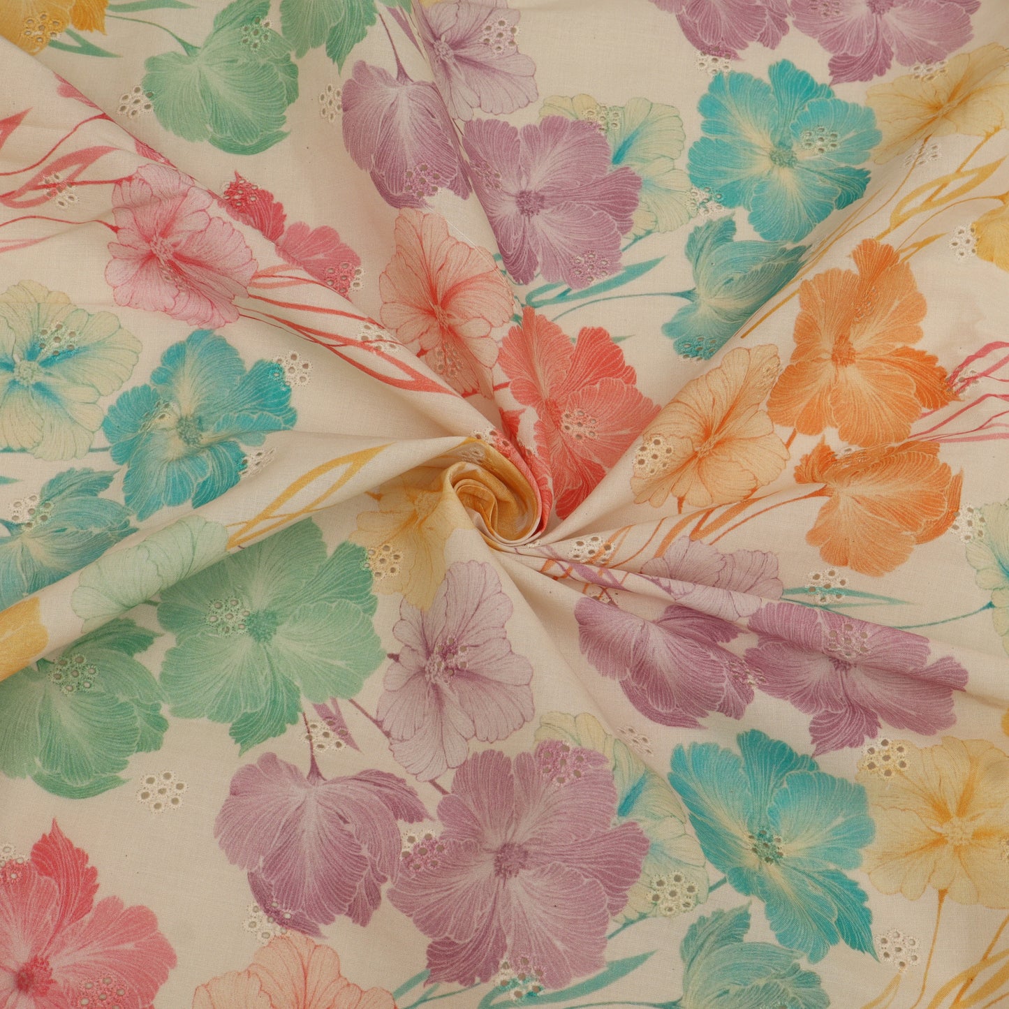 Floral fabric with colorful flowers on a beige background