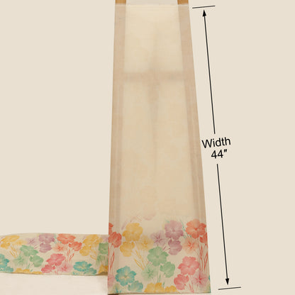 Fabric with floral pattern and measurement label on a plain background