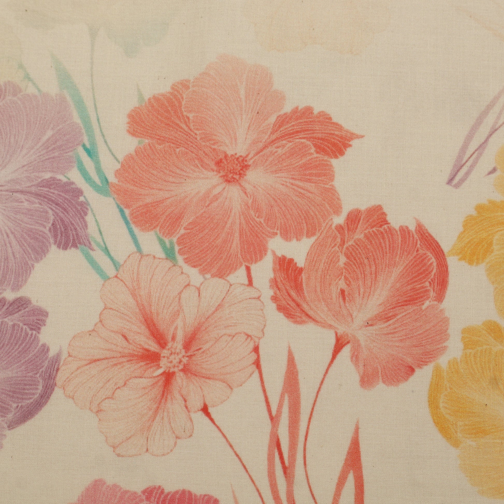 Vintage-style floral pattern with pink, orange, and purple flowers on a beige background