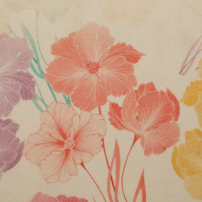 Vintage-style floral pattern with pink, orange, and purple flowers on a beige background
