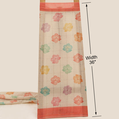 Floral-patterned fabric strip with measurement label on a beige background