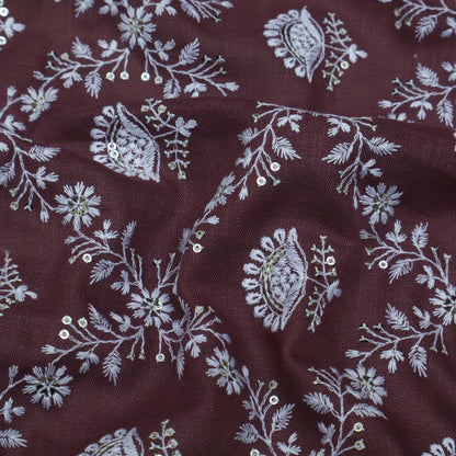 Wine Color Linen Embroidery Fabric