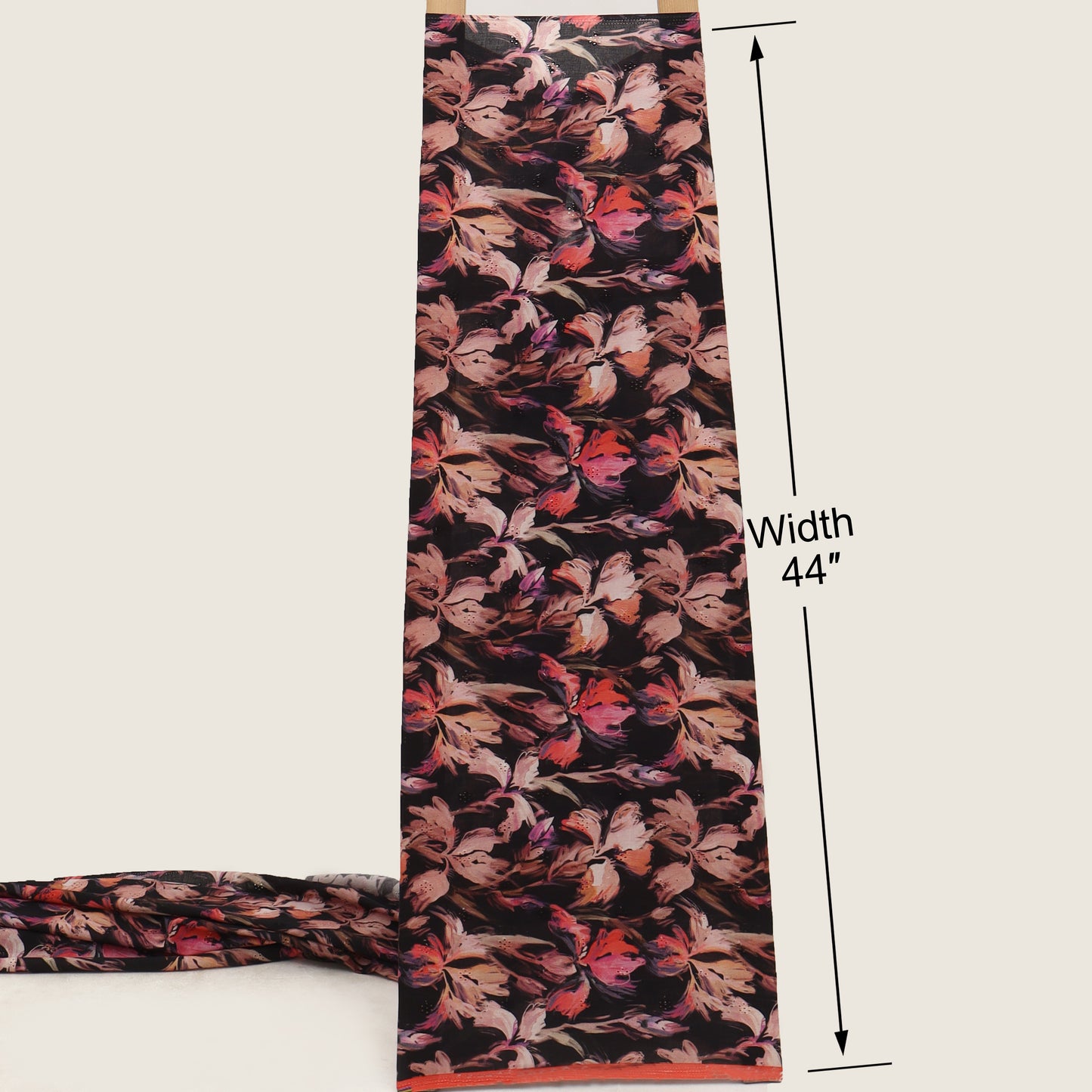 Floral patterned fabric with dimensions on a white background
