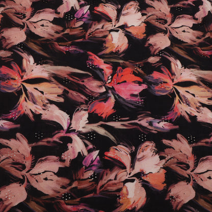 Floral pattern fabric with pink, orange, and purple flowers on a dark background