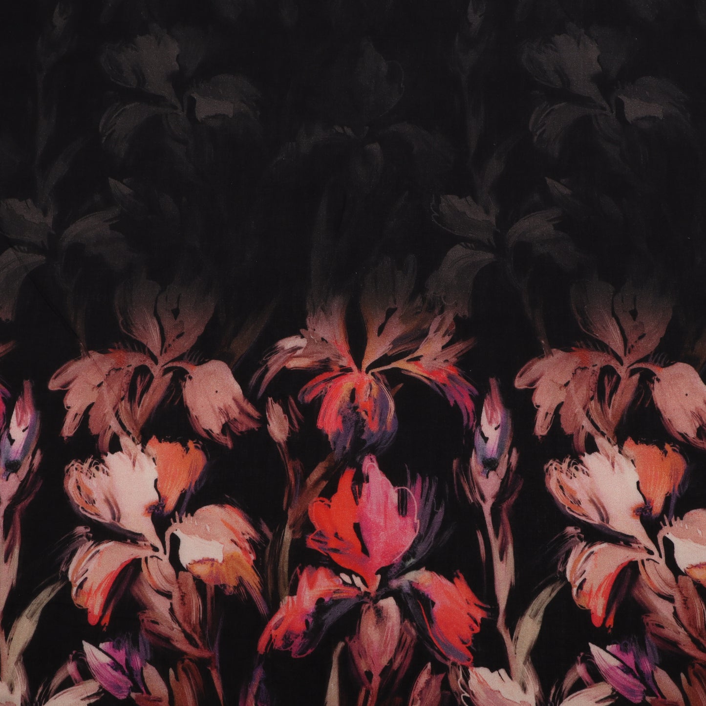 Floral pattern with pink and red flowers on a dark background