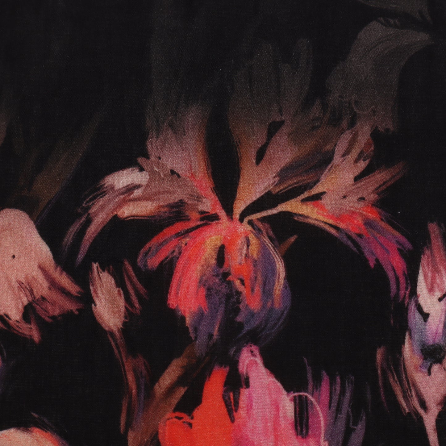 Abstract floral design with pink and orange flowers on a black background
