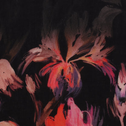 Abstract floral design with pink and orange flowers on a black background