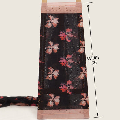 Fabric swatch with floral pattern and measurement details on a white background