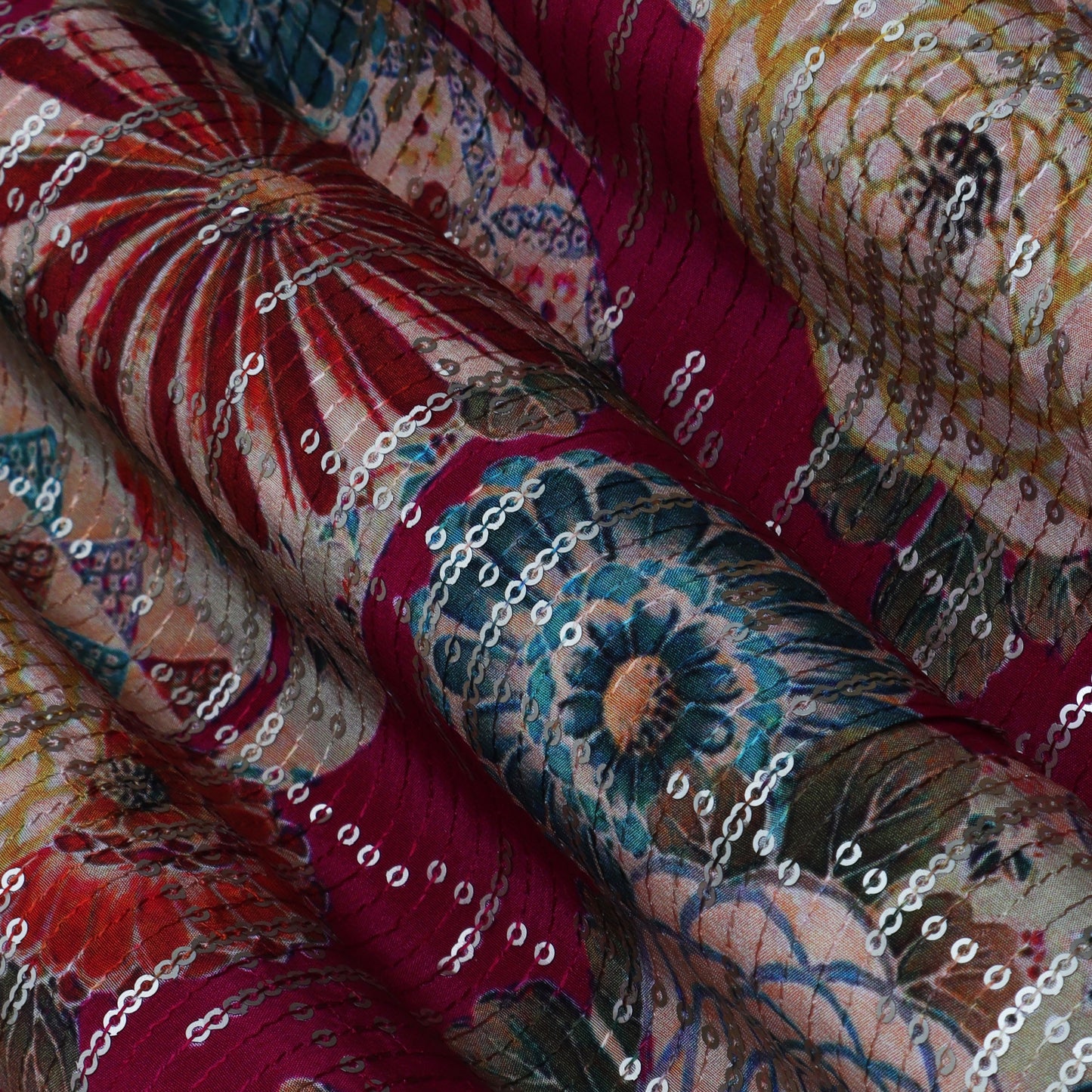 Multi-Color Crepe Print Sequins Embroidery Fabric