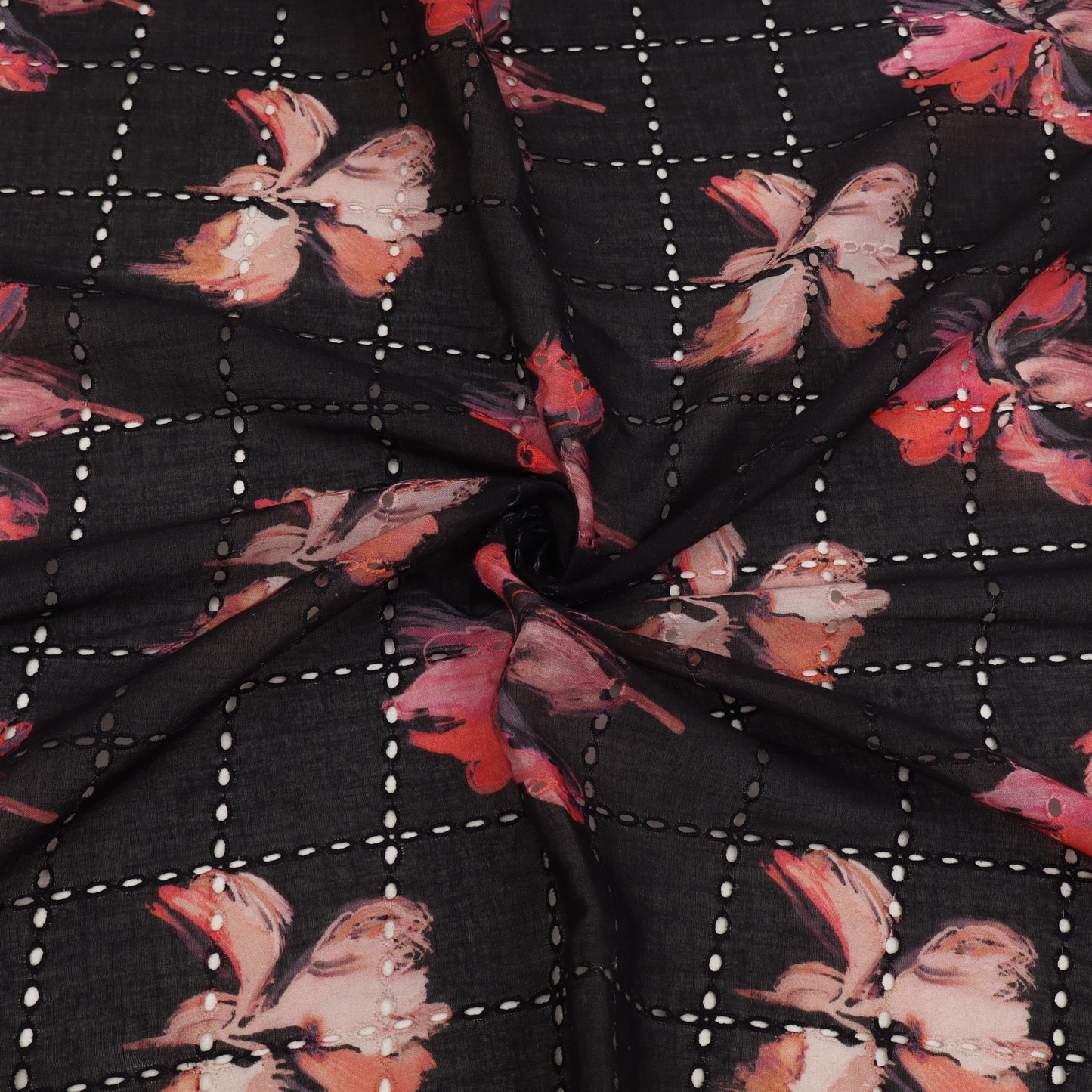 Floral patterned fabric with a grid background