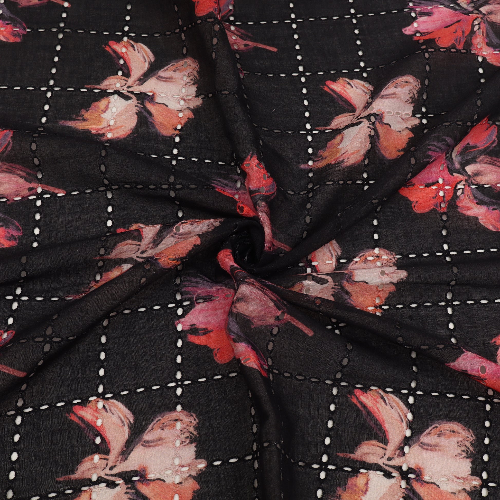 Floral patterned fabric with a grid background
