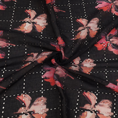 Floral patterned fabric with a grid background