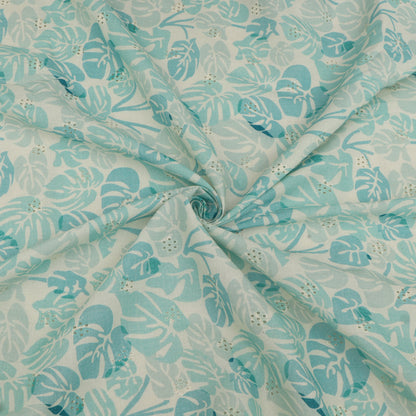 Fabric with a blue and white leaf pattern