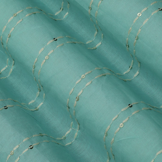 Greyish Teal Color Cotton Stripe Embroidery Fabric