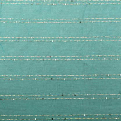 Greyish Teal Color Cotton Stripe Embroidery Fabric