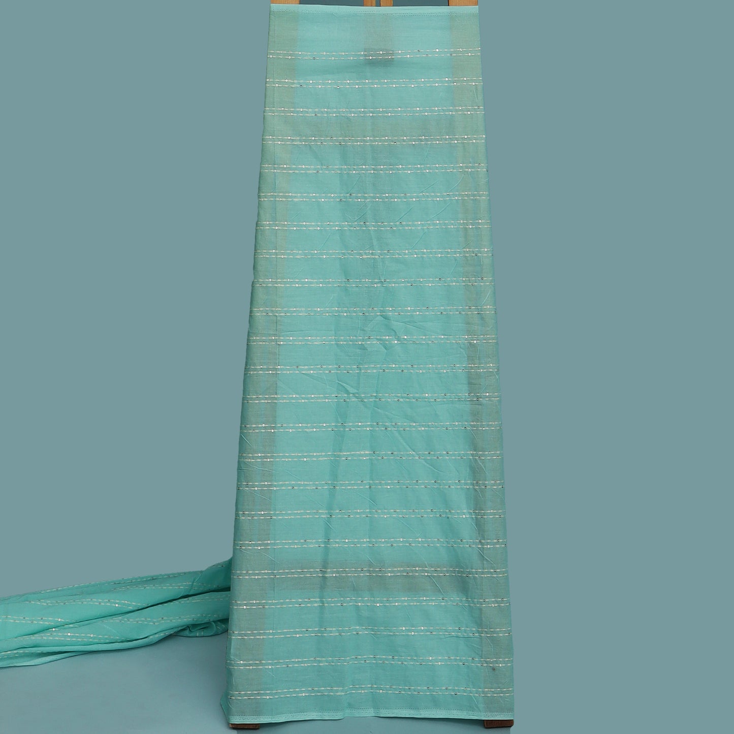 Greyish Teal Color Cotton Stripe Embroidery Fabric