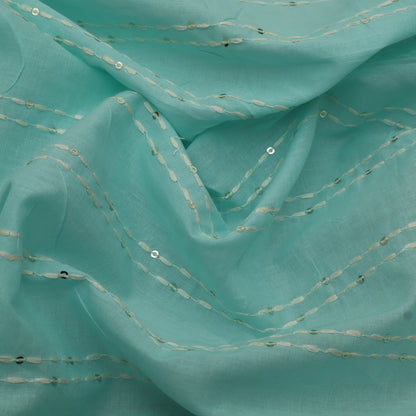 Greyish Teal Color Cotton Stripe Embroidery Fabric