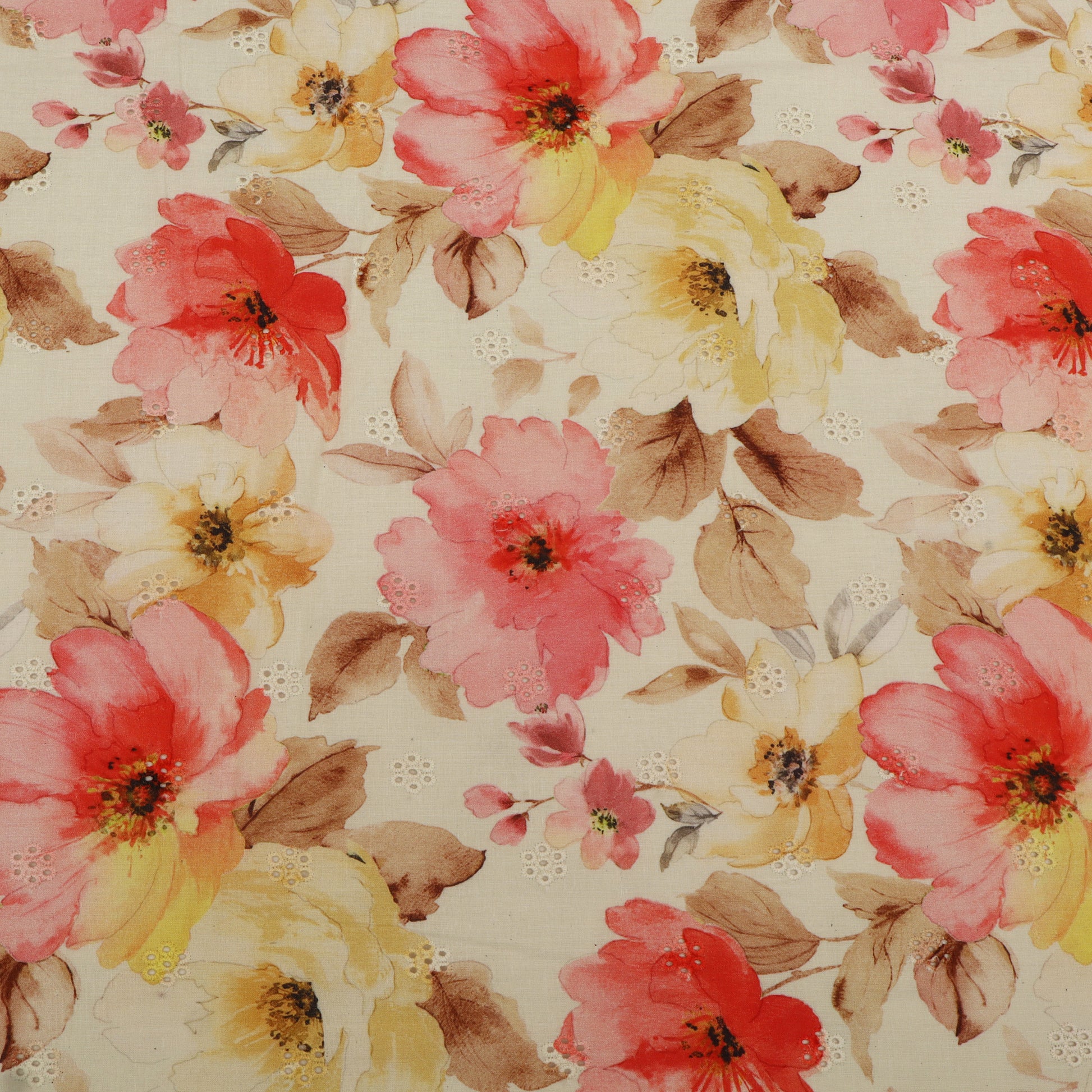 Floral pattern with pink, red, and yellow flowers on a beige background