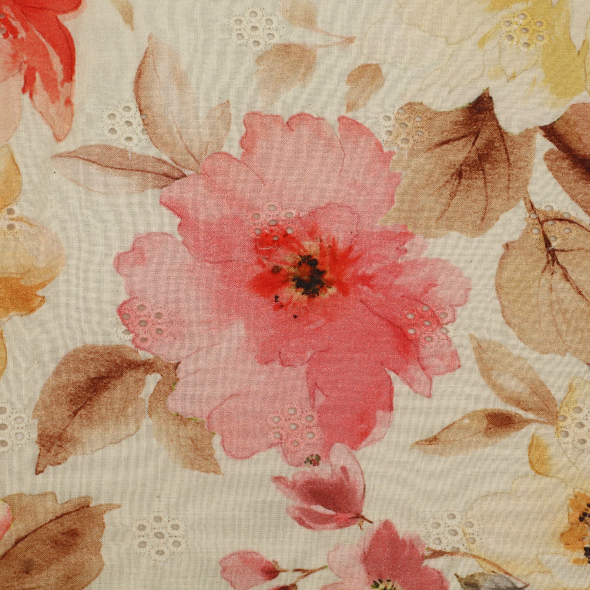 Floral pattern with pink flowers and brown leaves on a beige background