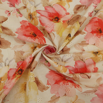 Roll of floral fabric with pink, red, and yellow flowers on a beige background