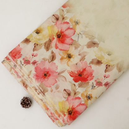 Floral fabric with pink and yellow flowers on a white background